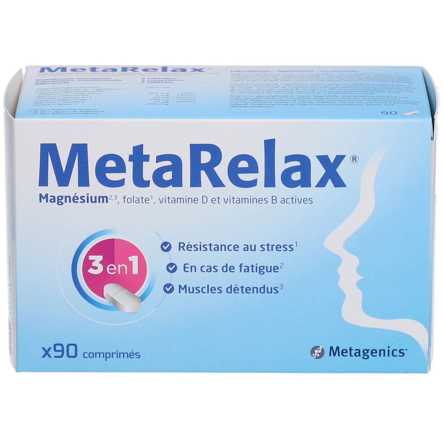 Boîte de MetaRelax. Contient 90 comprimés. Emballage bleu avec nom et ingrédients du produit.