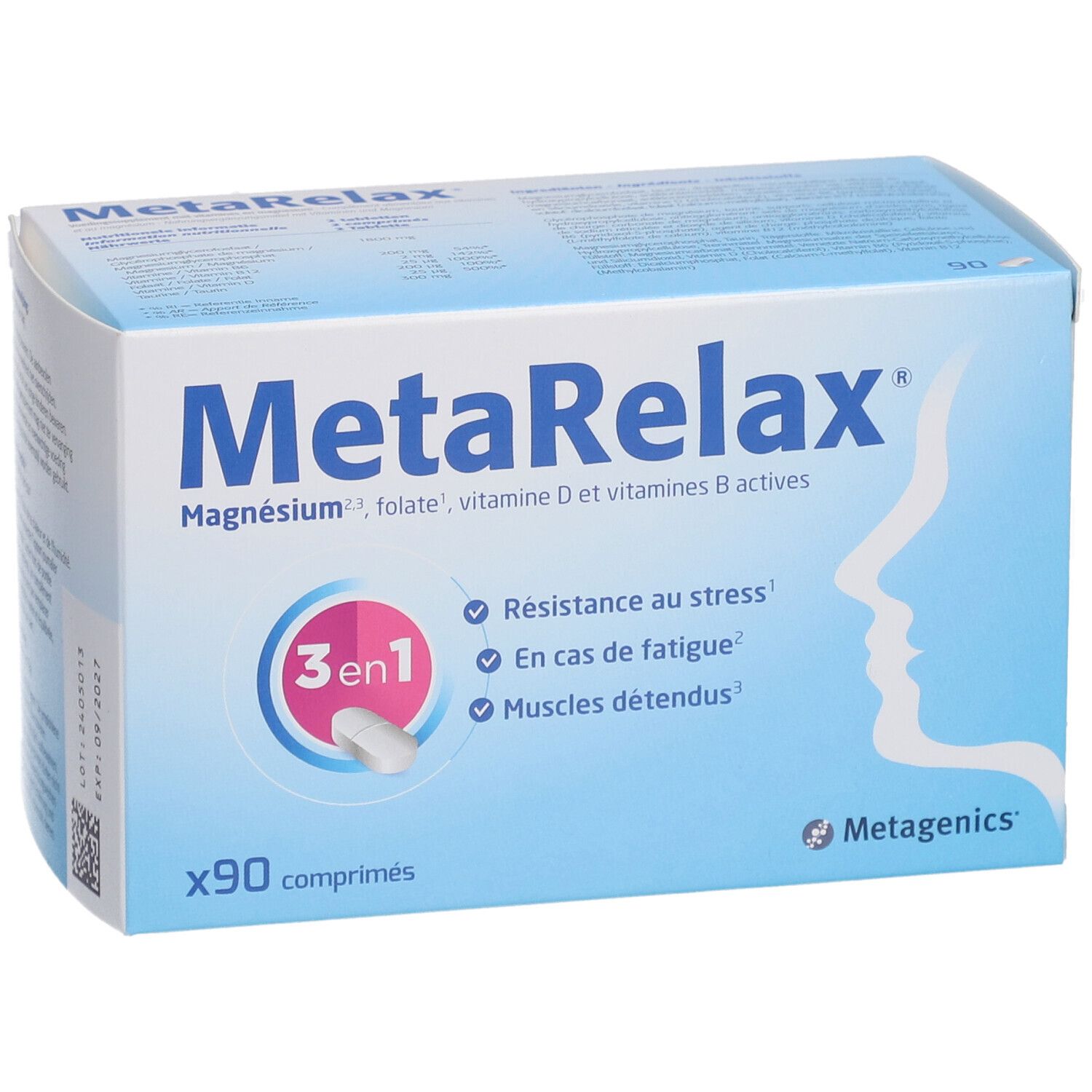 Boîte de MetaRelax. Contient 90 comprimés. Emballage bleu avec nom et ingrédients du produit.