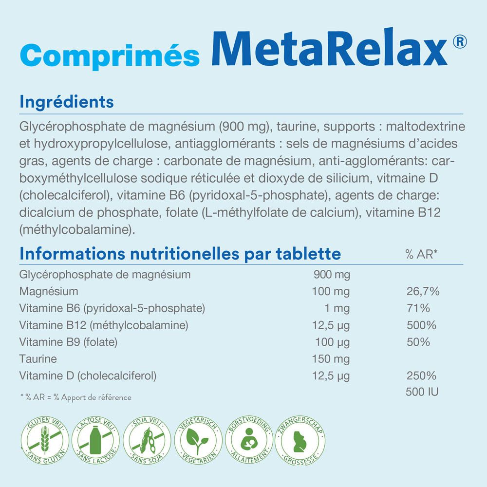 Boîte de MetaRelax. Contient 90 comprimés. Emballage bleu avec nom et ingrédients du produit.