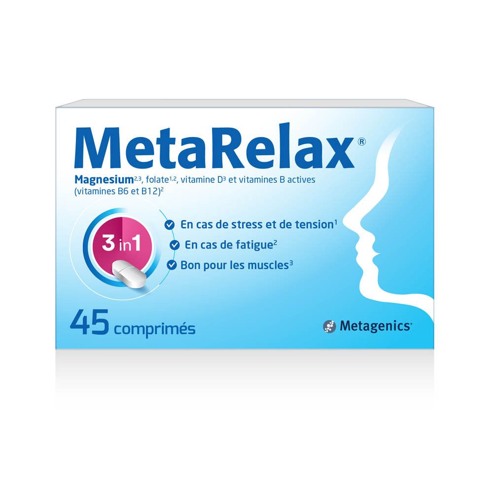 Boîte de MetaRelax®. 45 comprimés. Contient du magnésium, de la vitamine D et des vitamines B. Logo Metagenics.