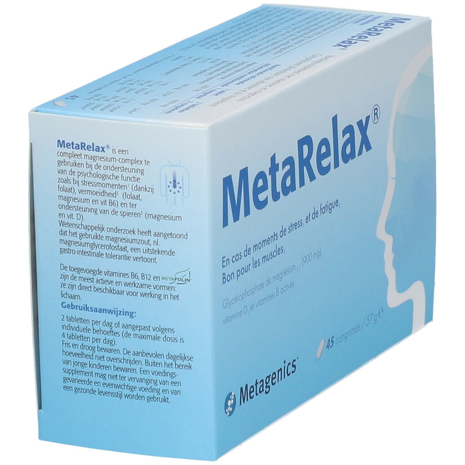 Boîte MetaRelax®. Contient magnésium, vitamine B6, B12 et folate. Logo Metagenics. 45 comprimés.