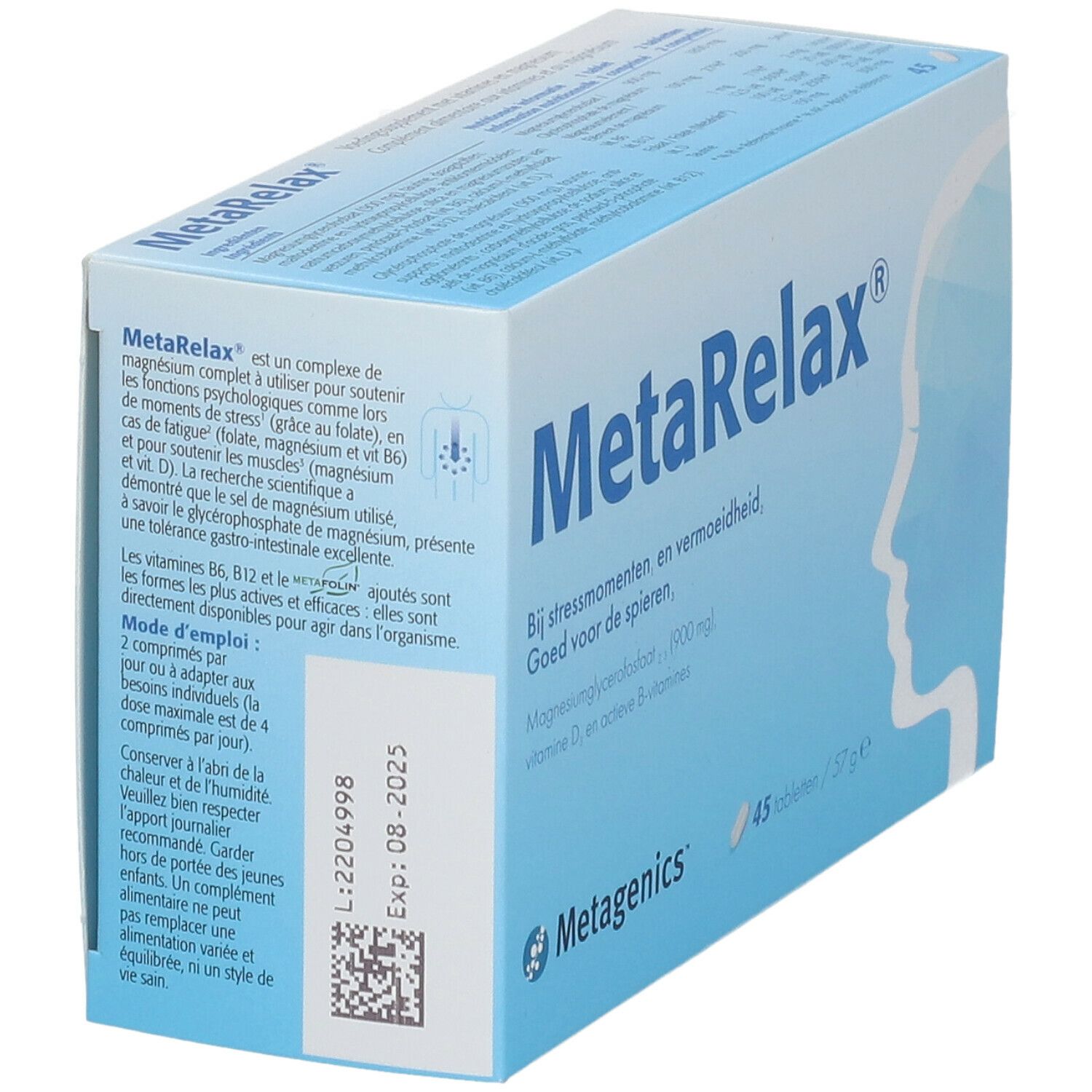 Boîte de MetaRelax®. 45 comprimés. Contient du magnésium, de la vitamine D et des vitamines B. Logo Metagenics.