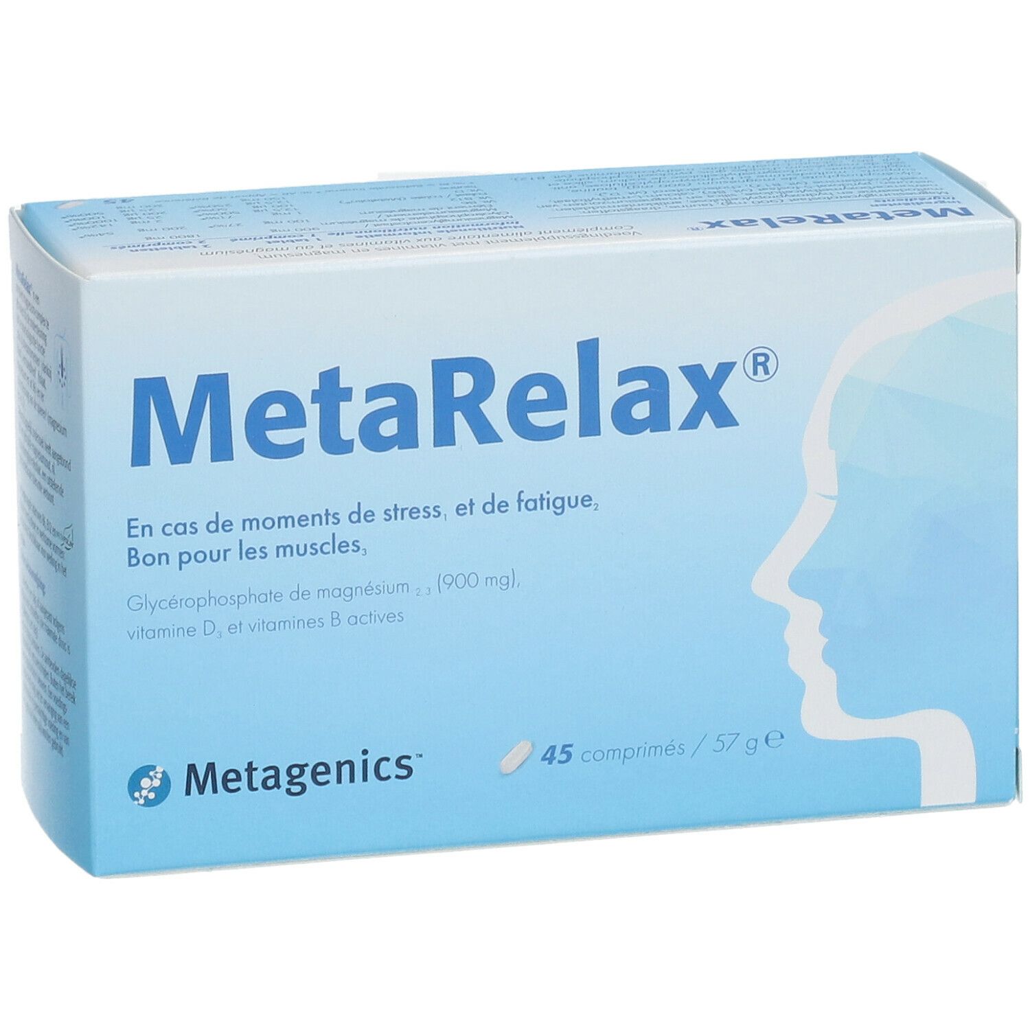 Boîte de MetaRelax®. 45 comprimés. Contient du magnésium, de la vitamine D et des vitamines B. Logo Metagenics.