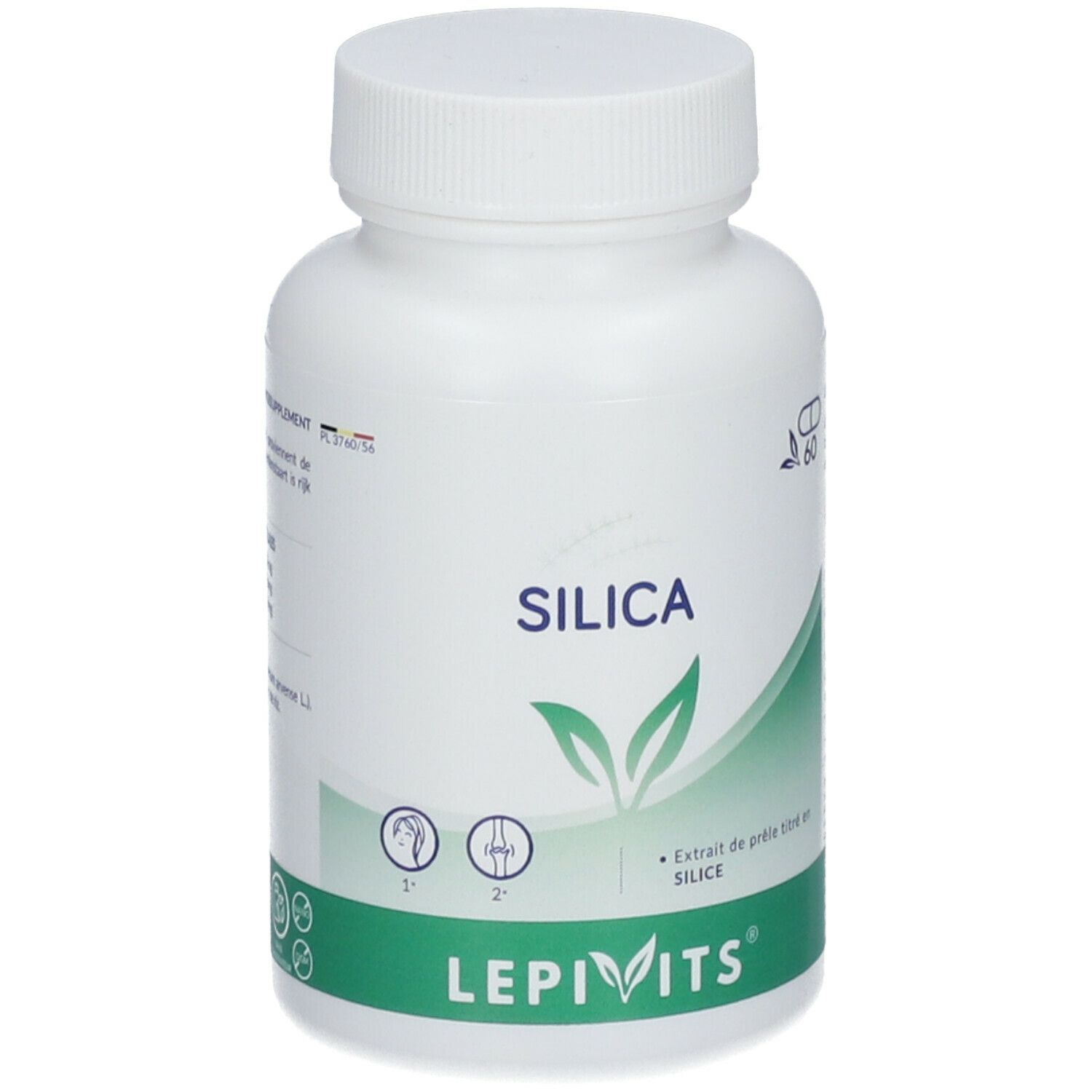 Flacon blanc avec capsules. Inscription SILICA, LEPIVITS. Étiquetage vert et blanc. 60 capsules.