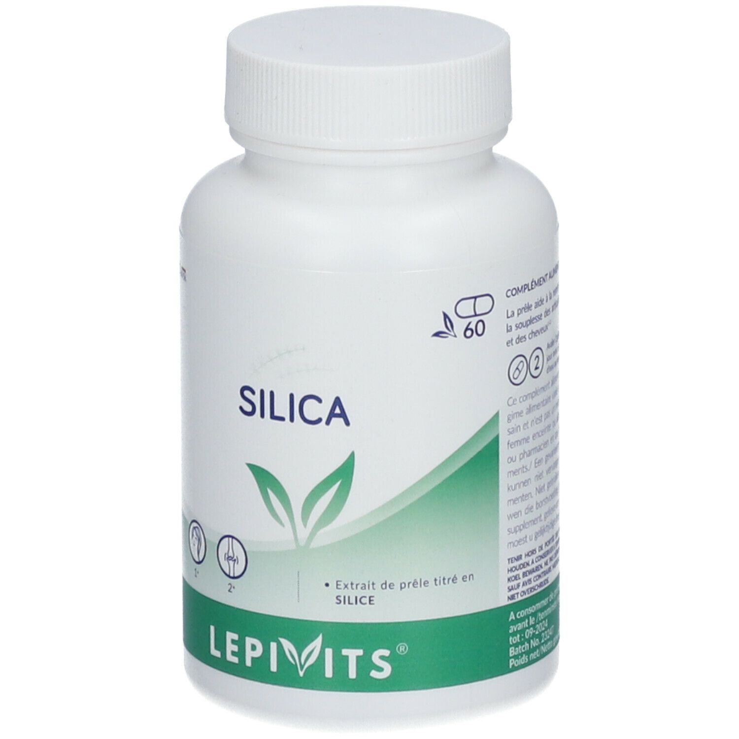 Flacon blanc avec capsules. Inscription SILICA, LEPIVITS. Étiquetage vert et blanc. 60 capsules.