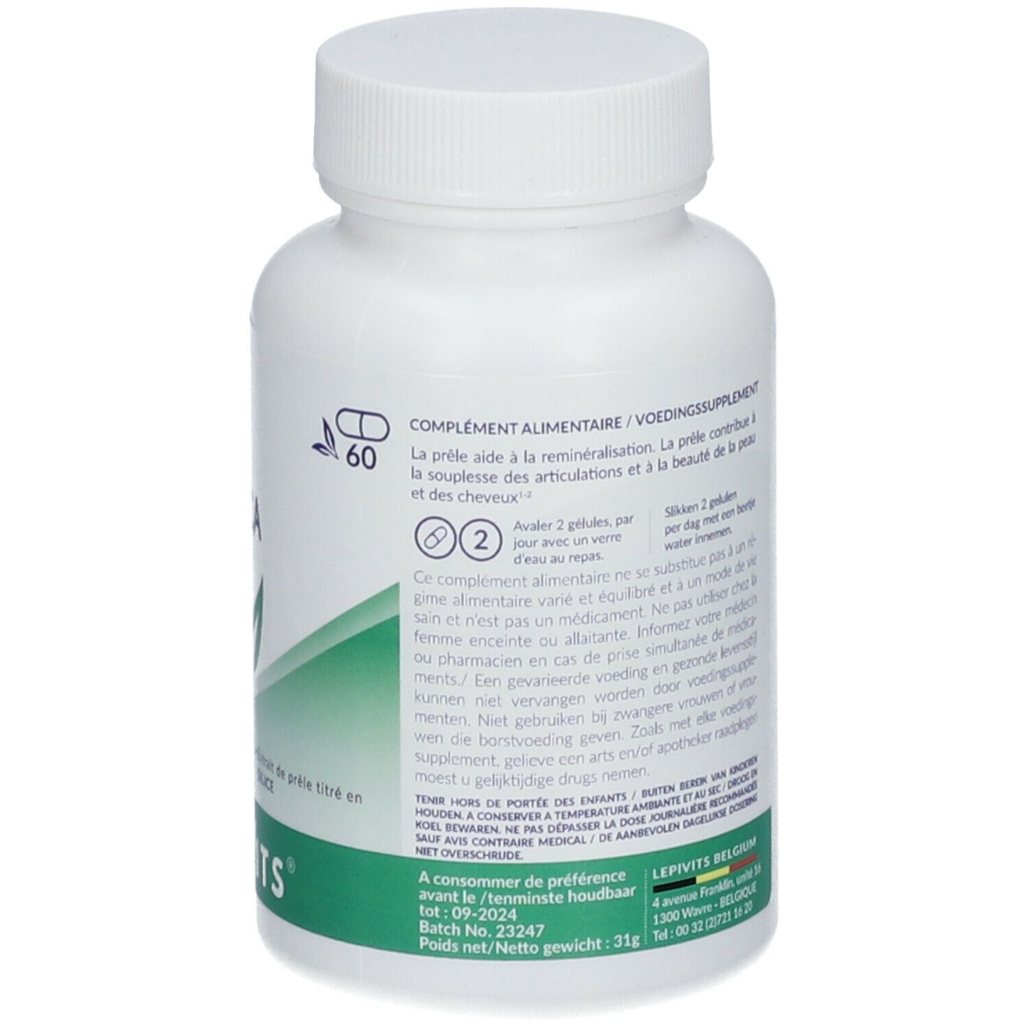 Dos du flacon blanc. Texte : Complément alimentaire. 60 capsules. Logo LEPIVITS. Numéro de lot et date de péremption.