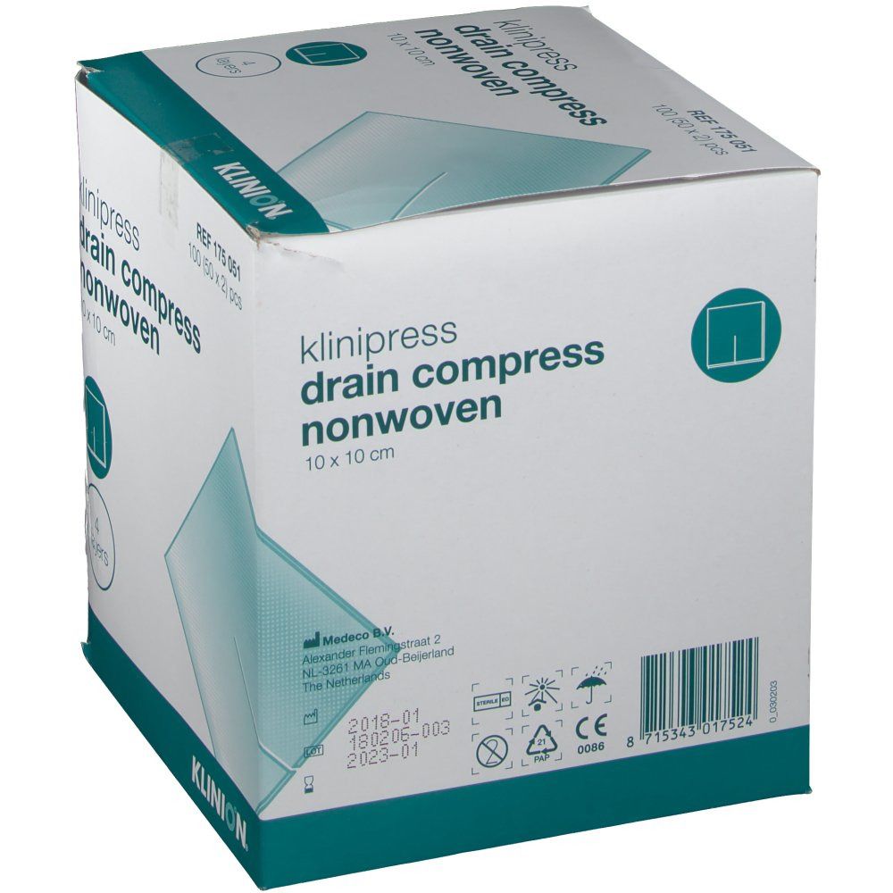 Klinion klinipress Drain-Kompressen, 10 x 10 cm, in Verpackung. Box mit Produktinformationen, Barcode und CE-Kennzeichnung.