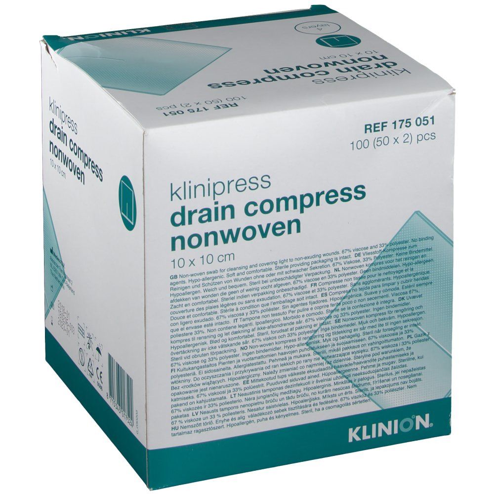 Klinion klinipress Drain-Kompressen, 10 x 10 cm, in Verpackung. Box mit Produktinformationen und Text. Marke Klinion.