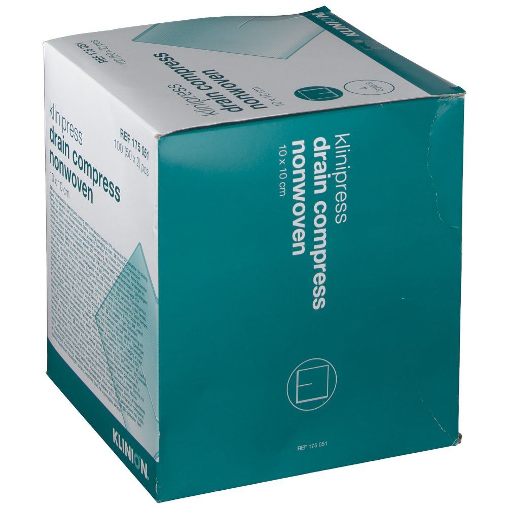 Klinion klinipress Drain-Kompressen, 10 x 10 cm, in Verpackung. Box mit Produktinformationen. Marke Klinion.