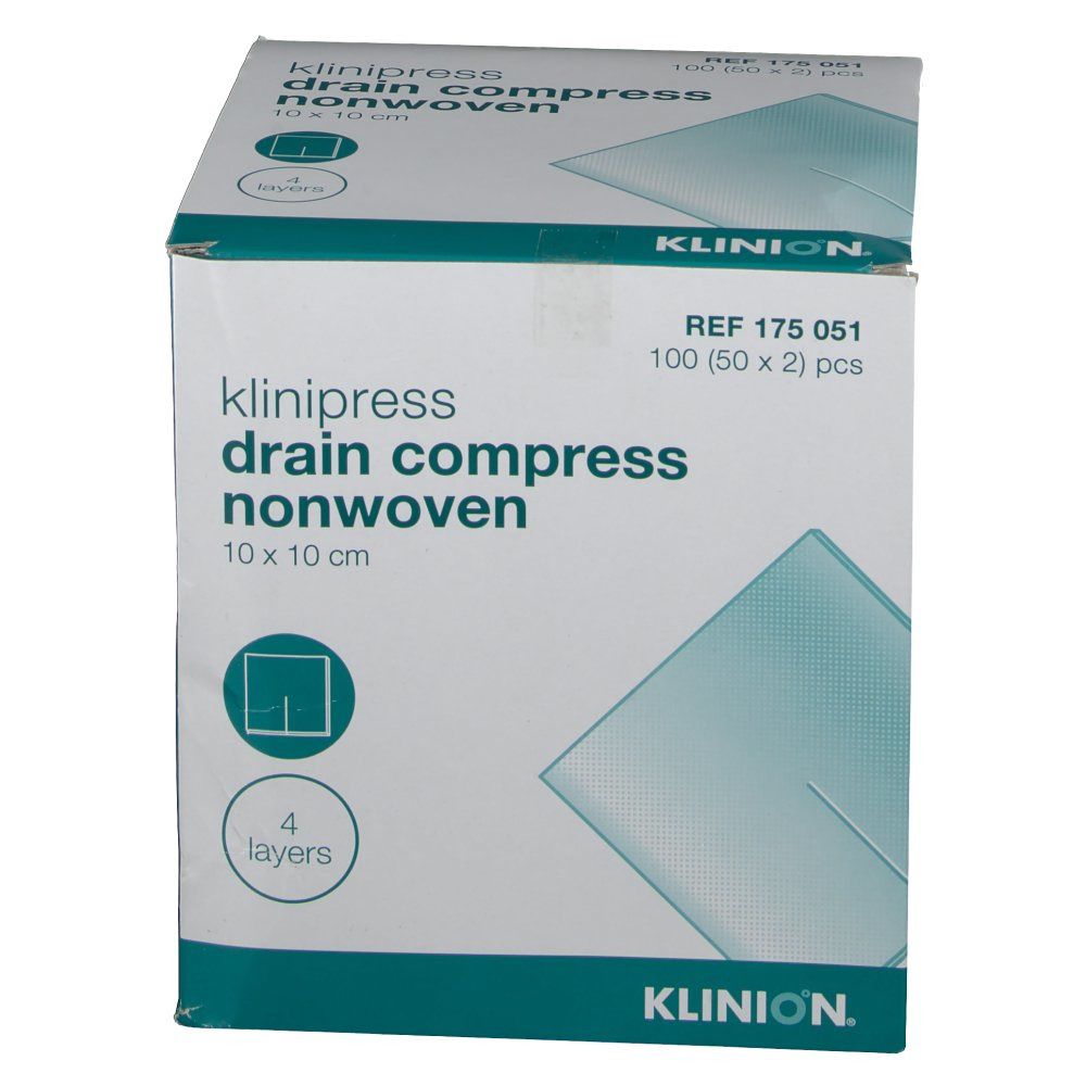 Klinion klinipress Drain-Kompressen, 10 x 10 cm, in Verpackung. 4 Lagen. Marke Klinion. Box mit Produktinformationen.