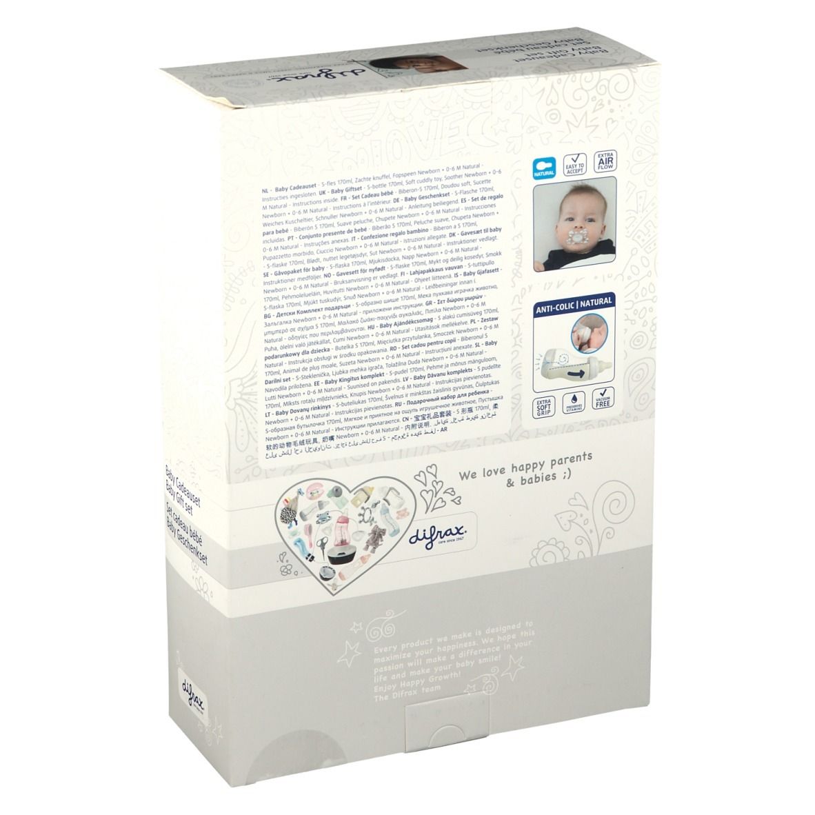 Rückseite der Geschenkbox. Text und Illustrationen. Marke difrax®.