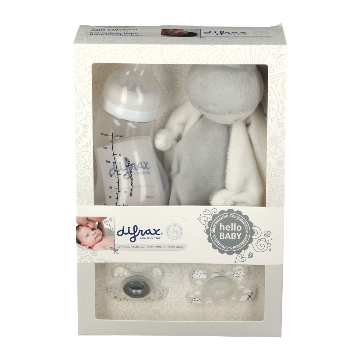 Geschenkset mit Flasche, Schnullern und Kuscheltier. Verpackung mit Sichtfenster. Marke difrax®.