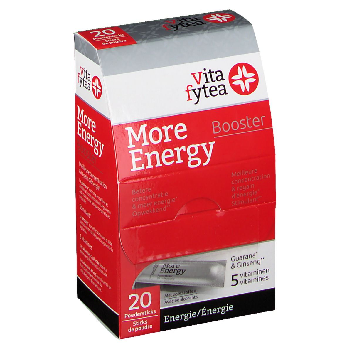 Verpakking Vitafytea More Energy Booster. Rode en witte doos met 20 sticks. Bevat guarana, ginseng en vitamines.