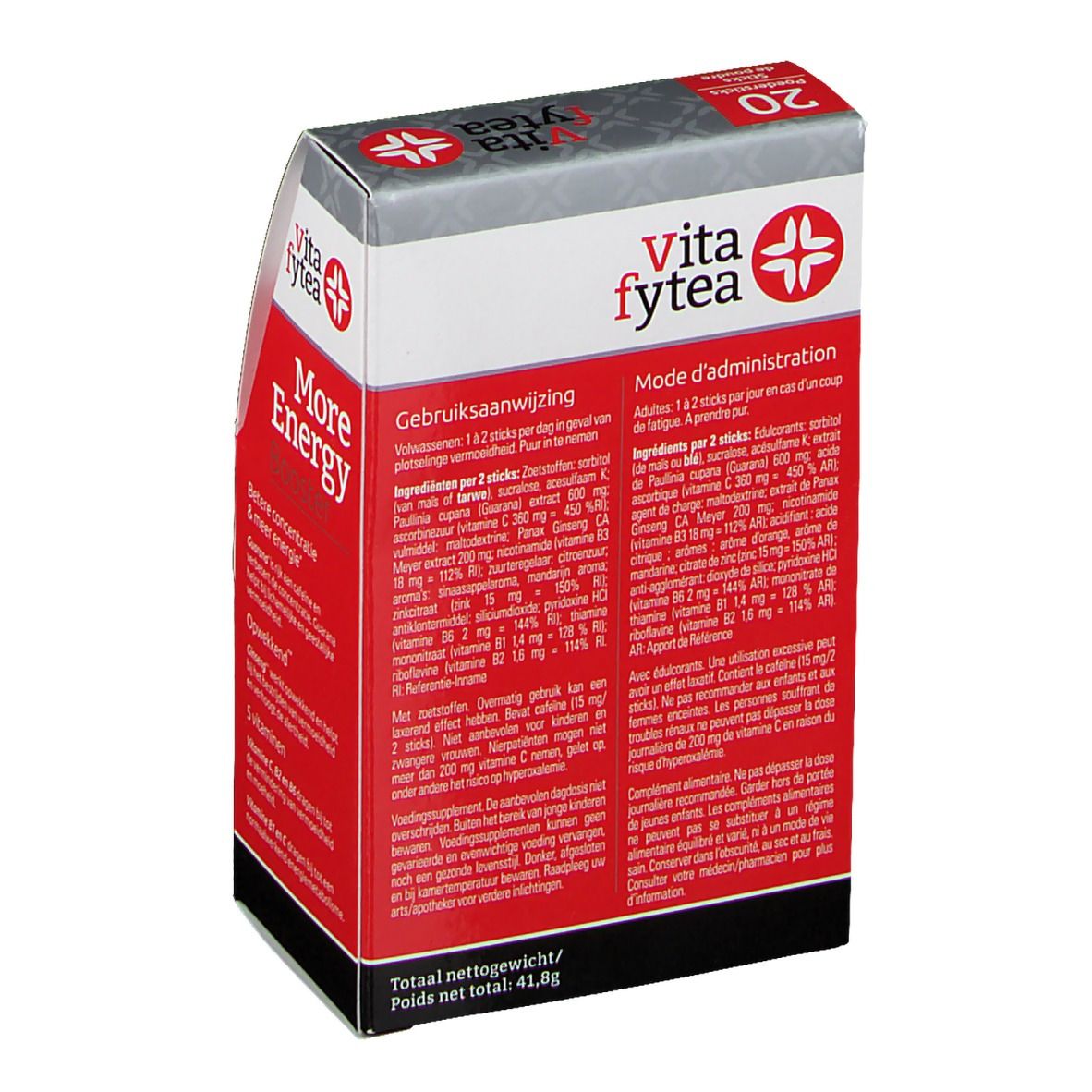 Achterkant van de Vitafytea More Energy Booster verpakking. Bevat informatie over ingrediënten en gebruik in het Duits en Frans.