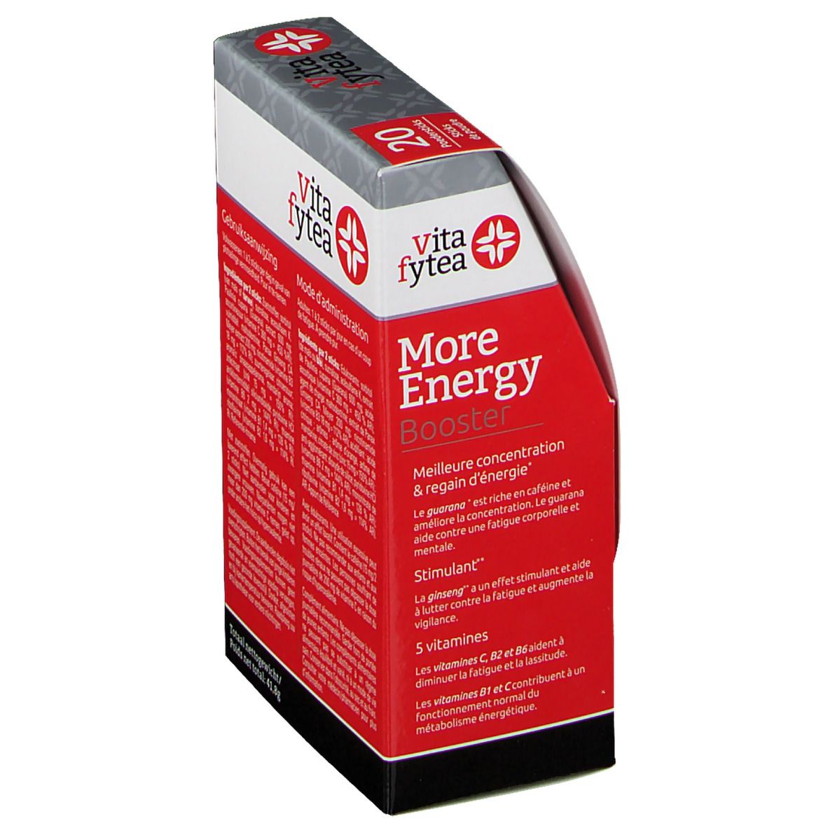Vitafytea More Energy Booster verpakking. Rode en witte doos met tekst. Bevat guarana, ginseng en vitamines. Schuin aanzicht.