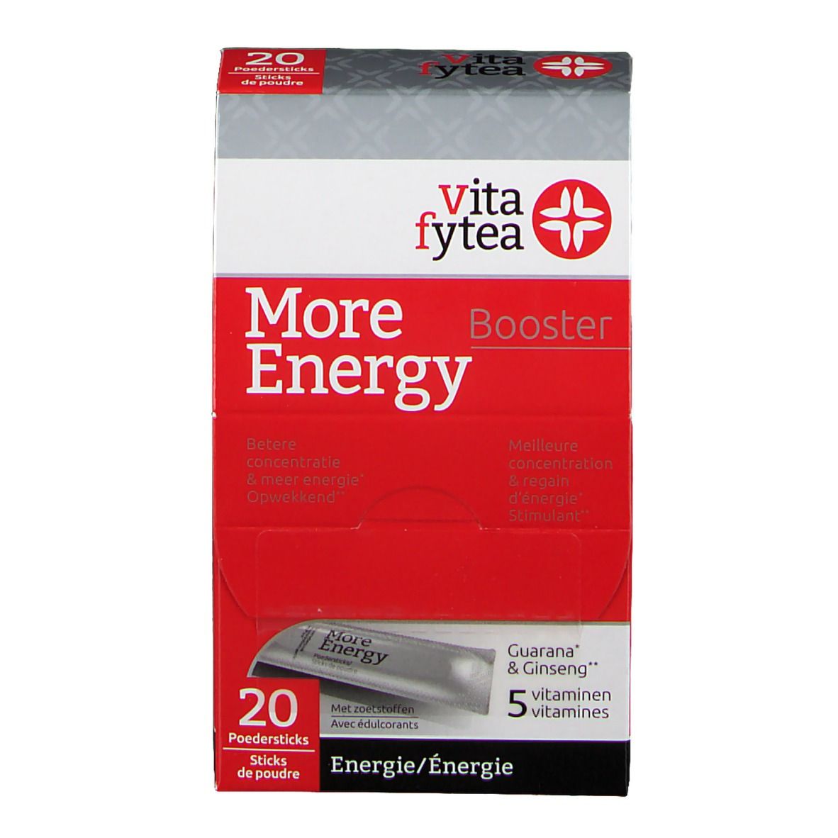 Vitafytea More Energy Booster verpakking. Rode en witte doos met 20 sticks. Bevat guarana, ginseng en vitamines. Vooraanzicht.