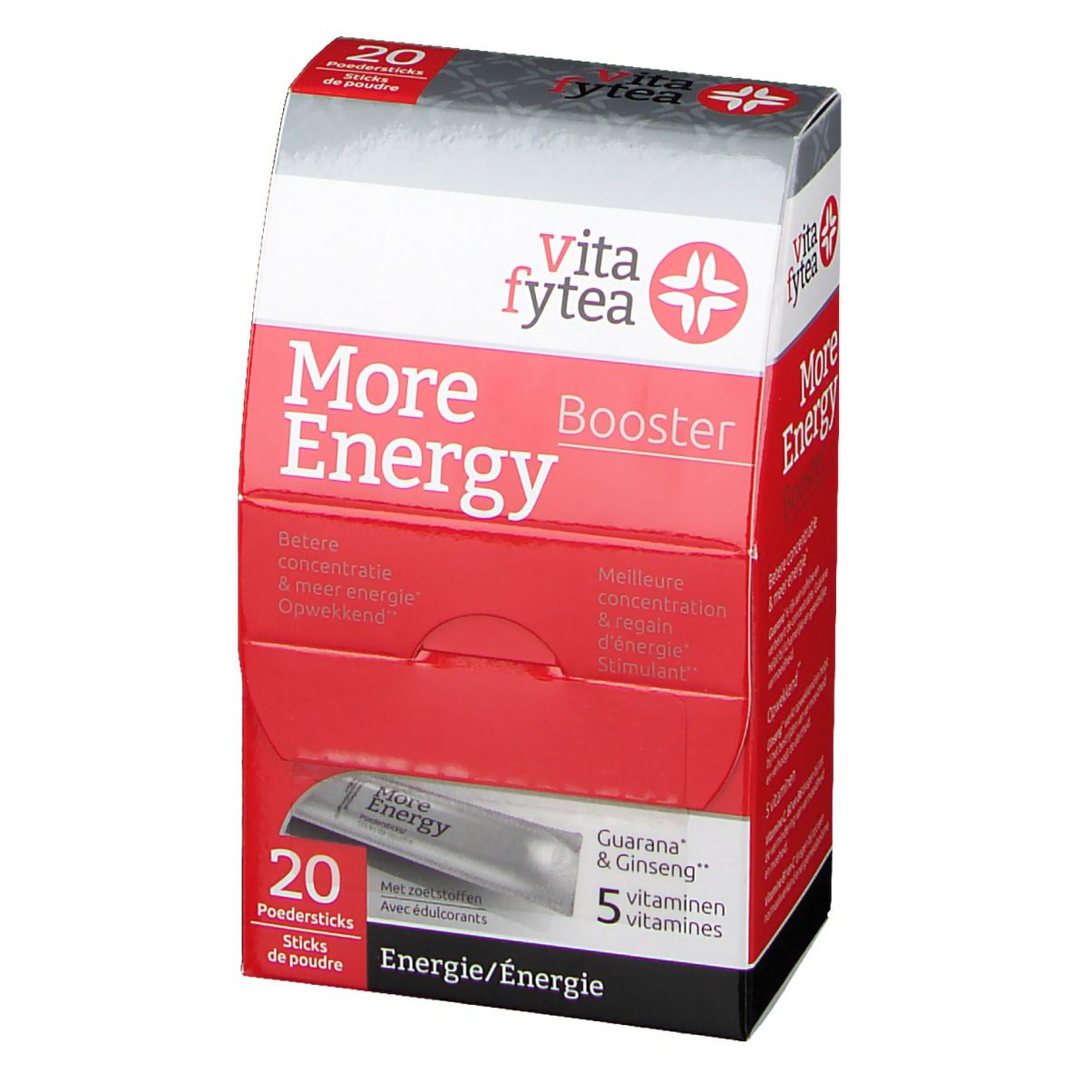 Vitafytea More Energy Booster verpakking. Rode en witte doos met 20 sticks. Bevat guarana, ginseng en vitamines. Vooraanzicht.