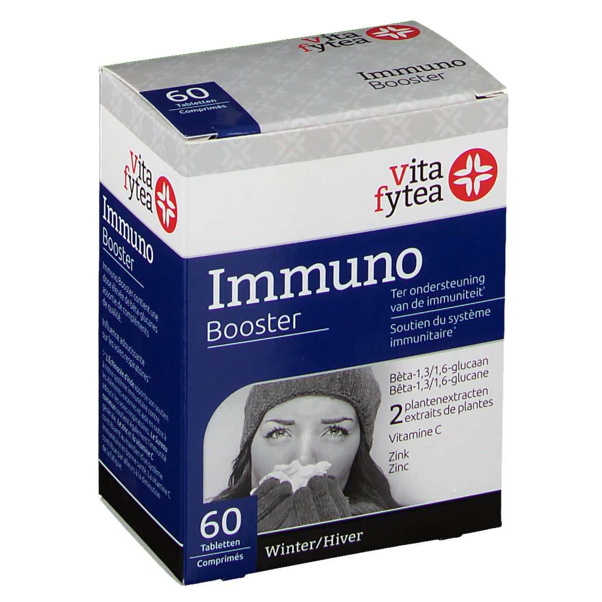 Karton mit "Immuno Booster" Tabletten. Marke "vita fytea". 60 Tabletten. Enthält Beta-1,3/1,6-Glucan, Zink, Vitamin C und Pflanzenextrakte.