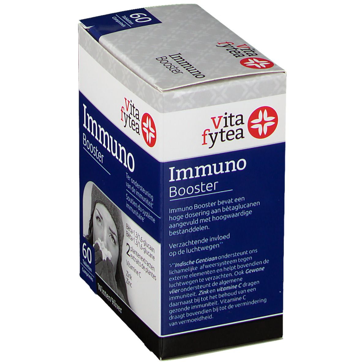 Karton "Immuno Booster" mit 60 Tabletten. Marke "vita fytea". Enthält Beta-1,3/1,6-Glucan, Zink, Vitamin C und Pflanzenextrakte. Abbildung einer Frau.