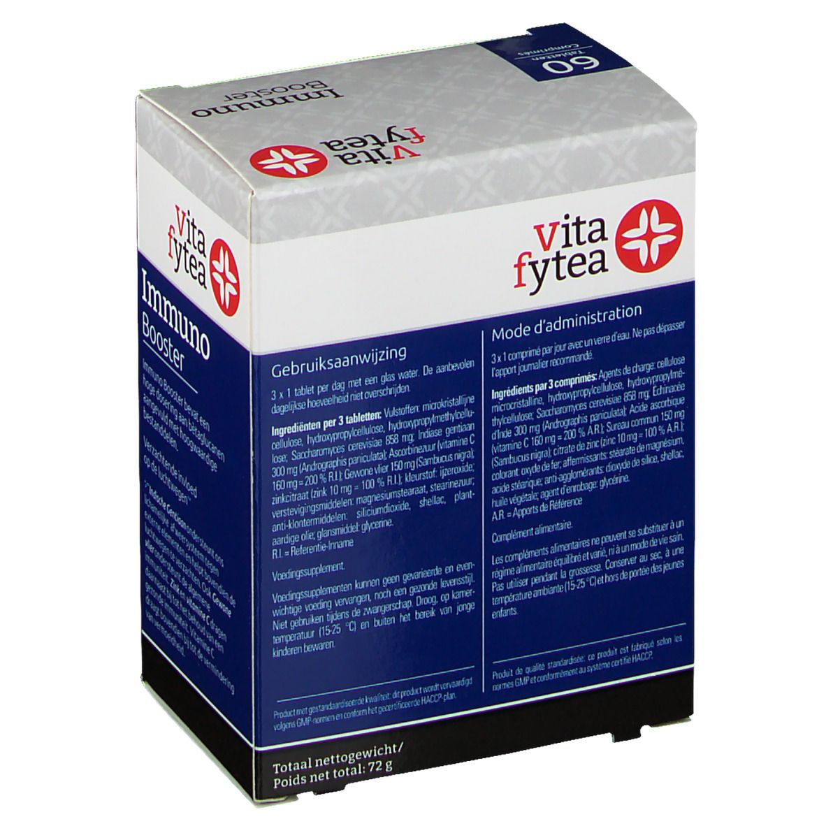 Karton "Immuno Booster" mit 60 Tabletten. Marke "vita fytea". Enthält Beta-1,3/1,6-Glucan, Zink, Vitamin C und Pflanzenextrakte. Gebrauchsanweisung.