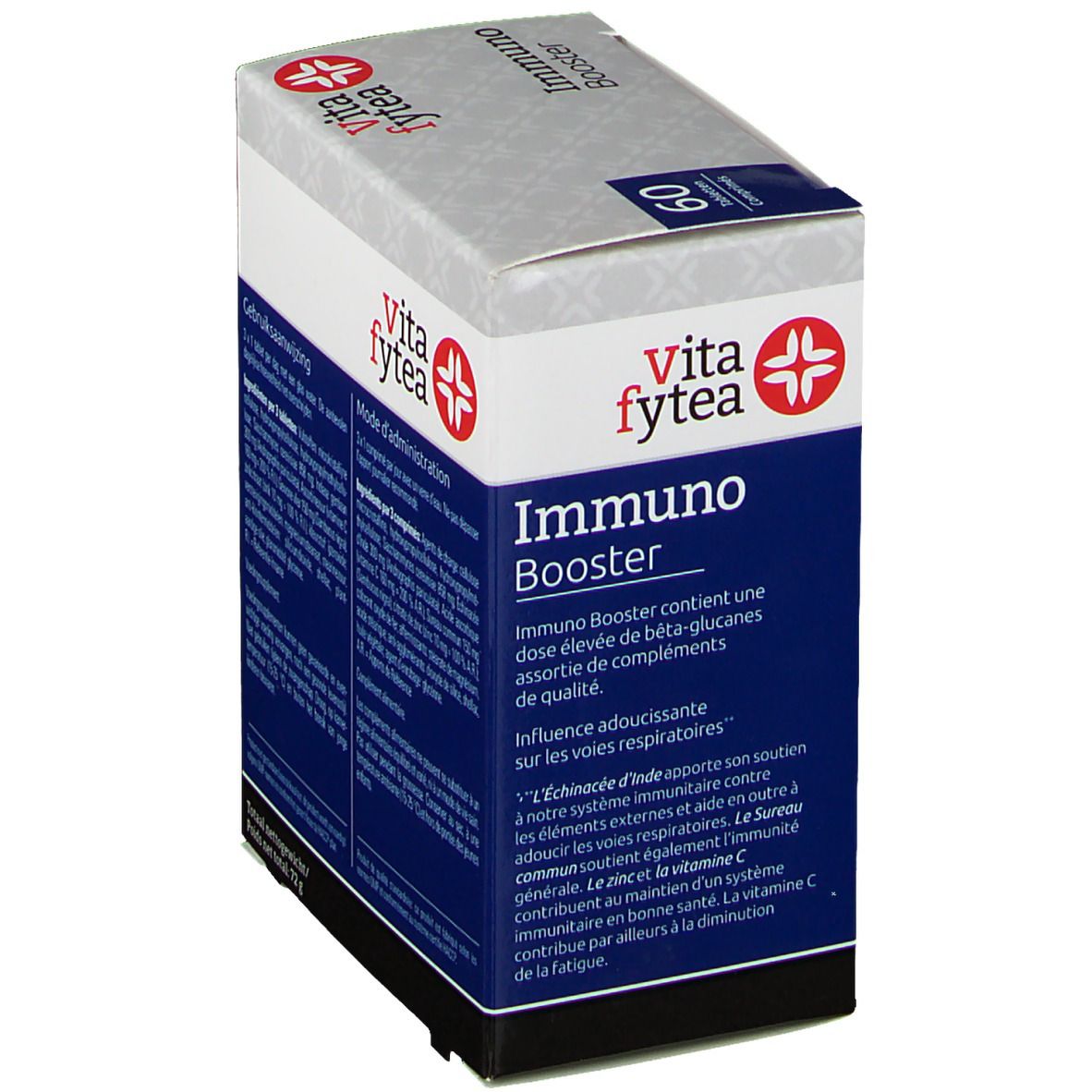 Karton "Immuno Booster" mit 60 Tabletten. Marke "vita fytea". Enthält Beta-1,3/1,6-Glucan, Zink, Vitamin C und Pflanzenextrakte. Text über Inhaltsstoffe.