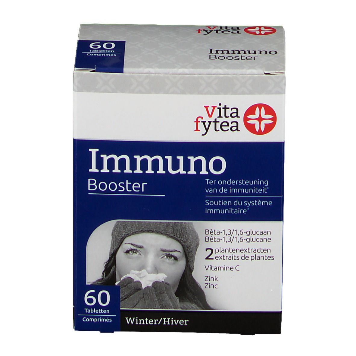 Karton "Immuno Booster" mit 60 Tabletten. Marke "vita fytea". Enthält Beta-1,3/1,6-Glucan, Zink, Vitamin C und Pflanzenextrakte. Abbildung einer Frau.