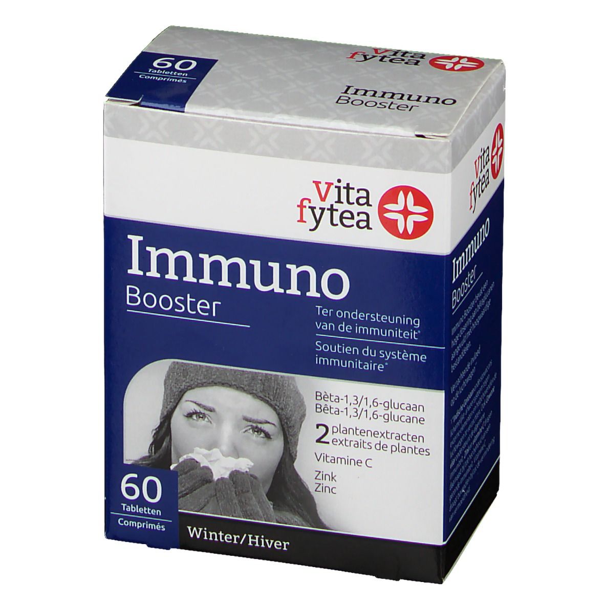 Karton "Immuno Booster" mit 60 Tabletten. Marke "vita fytea". Enthält Beta-1,3/1,6-Glucan, Zink, Vitamin C und Pflanzenextrakte. Abbildung einer Frau.