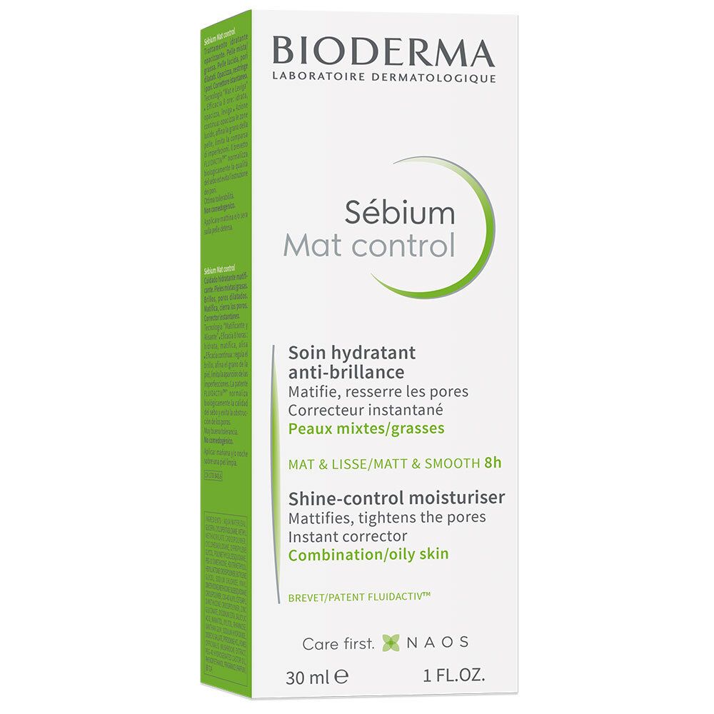 Kartonverpackung. Enthält "Sébium Mat control". Text: "Soin hydratant anti-brillance". Marke: BIODERMA.