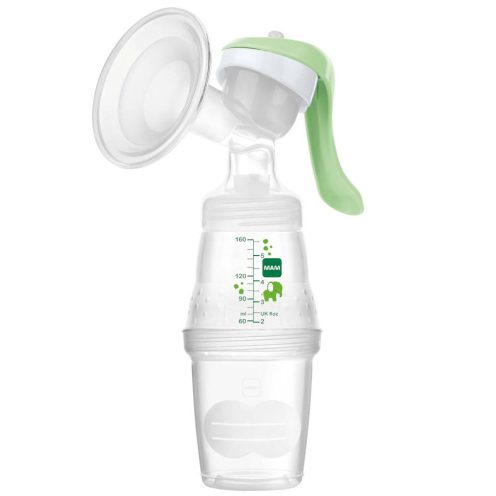 Manuelle Milchpumpe mit grünem Griff und Flasche. Flasche ohne untere Basis.