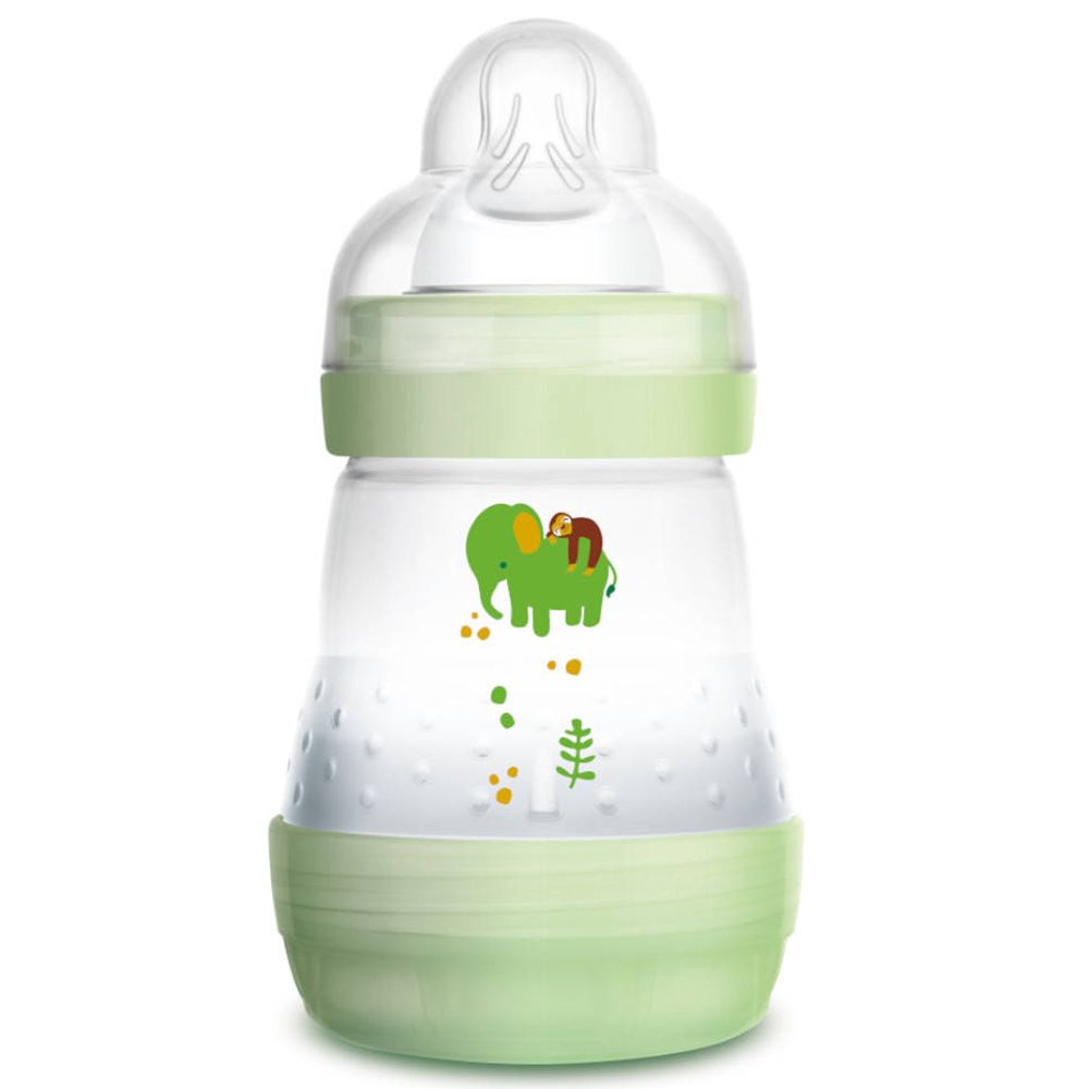 Babyflasche mit grünem Boden und Deckel. Elefanten-Design und ml-Skala.