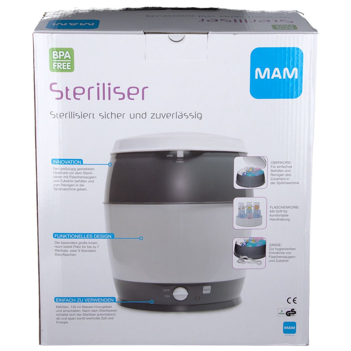 Elektrische sterilisator in verpakking. Grijs-wit. MAM-logo. Tekst: Steriliseerd veilig en betrouwbaar. BPA-vrij.