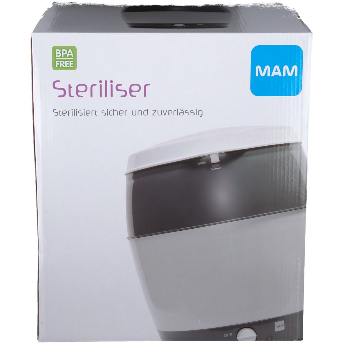 Elektrische sterilisator in verpakking. Grijs-wit. MAM-logo. Tekst: Steriliseerd veilig en betrouwbaar. BPA-vrij.