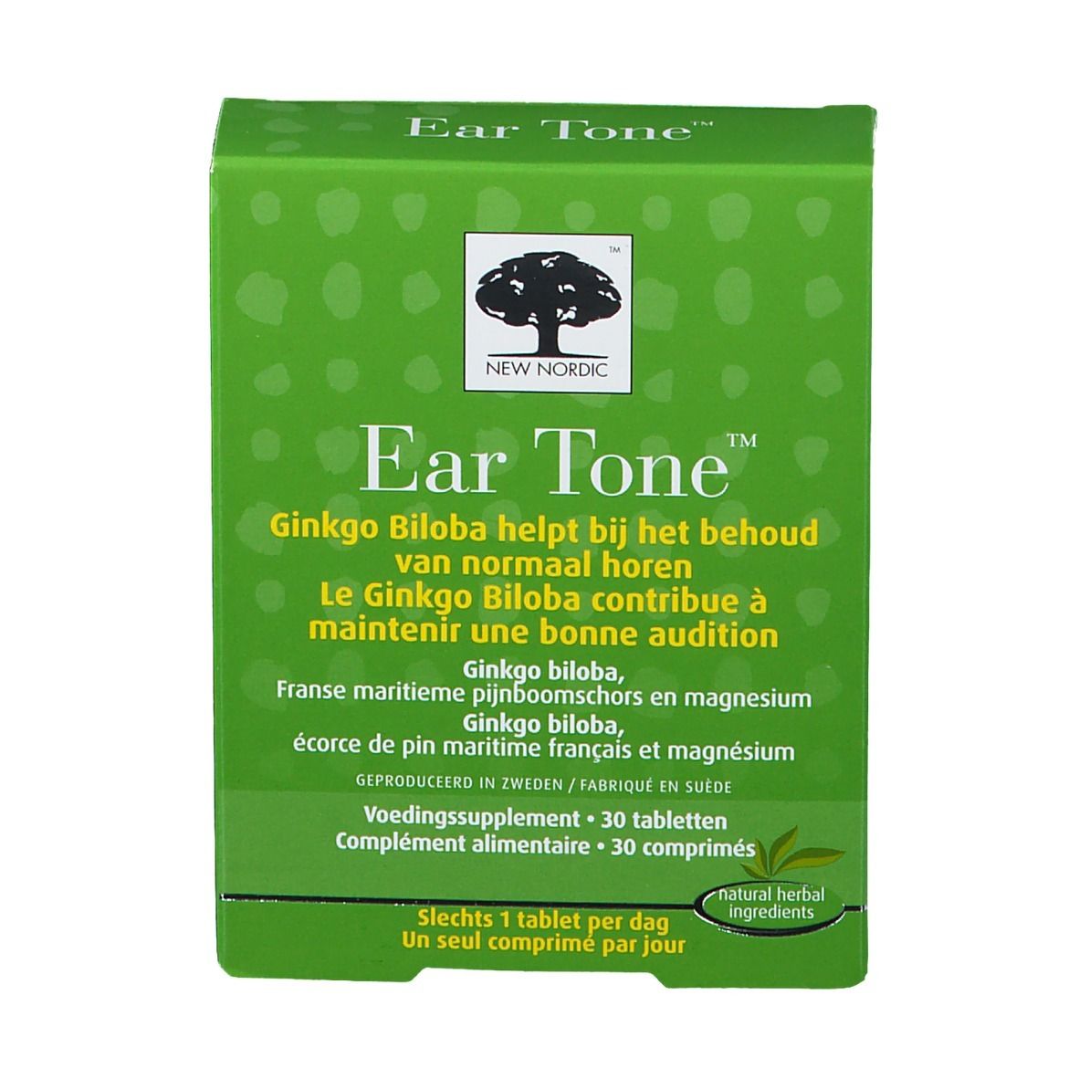 Boîte verte "Ear Tone" avec texte et logo. Contient 30 comprimés. Logo "New Nordic" en haut.