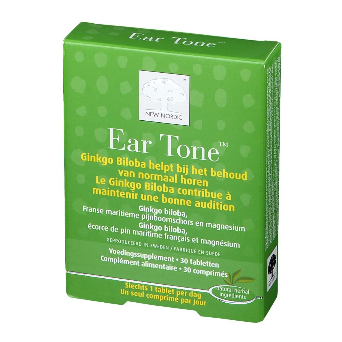 Boîte verte "Ear Tone" avec texte et logo. Contient 30 comprimés. Logo "New Nordic" en haut.