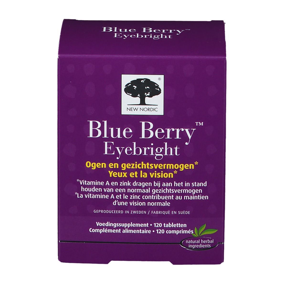 Boîte violette avec nom et logo du produit. Contient 120 comprimés. Ingrédients naturels.