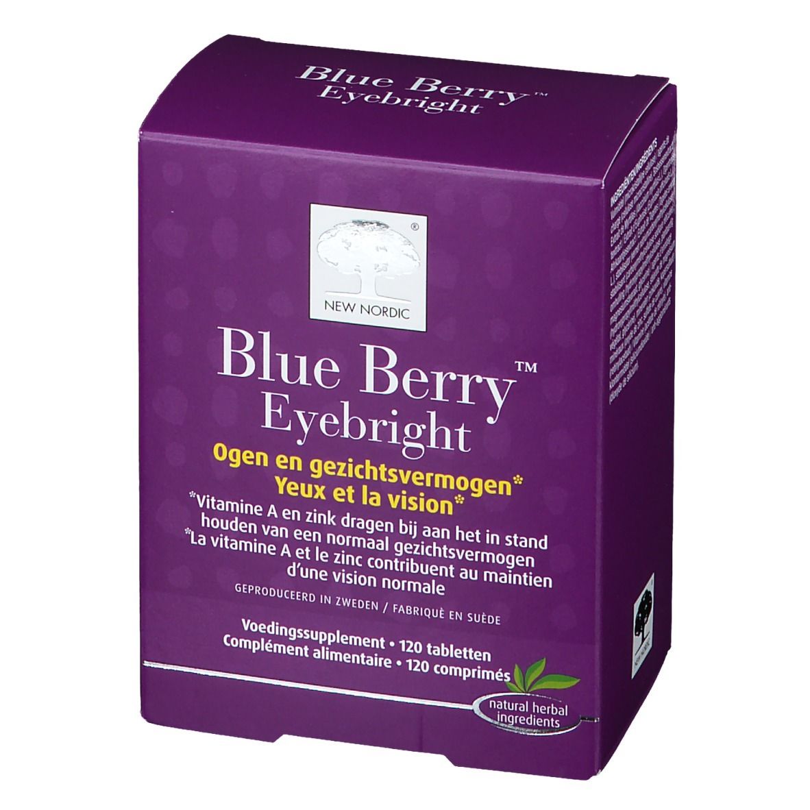 Boîte violette avec nom et logo du produit. Contient 120 comprimés. Ingrédients naturels.