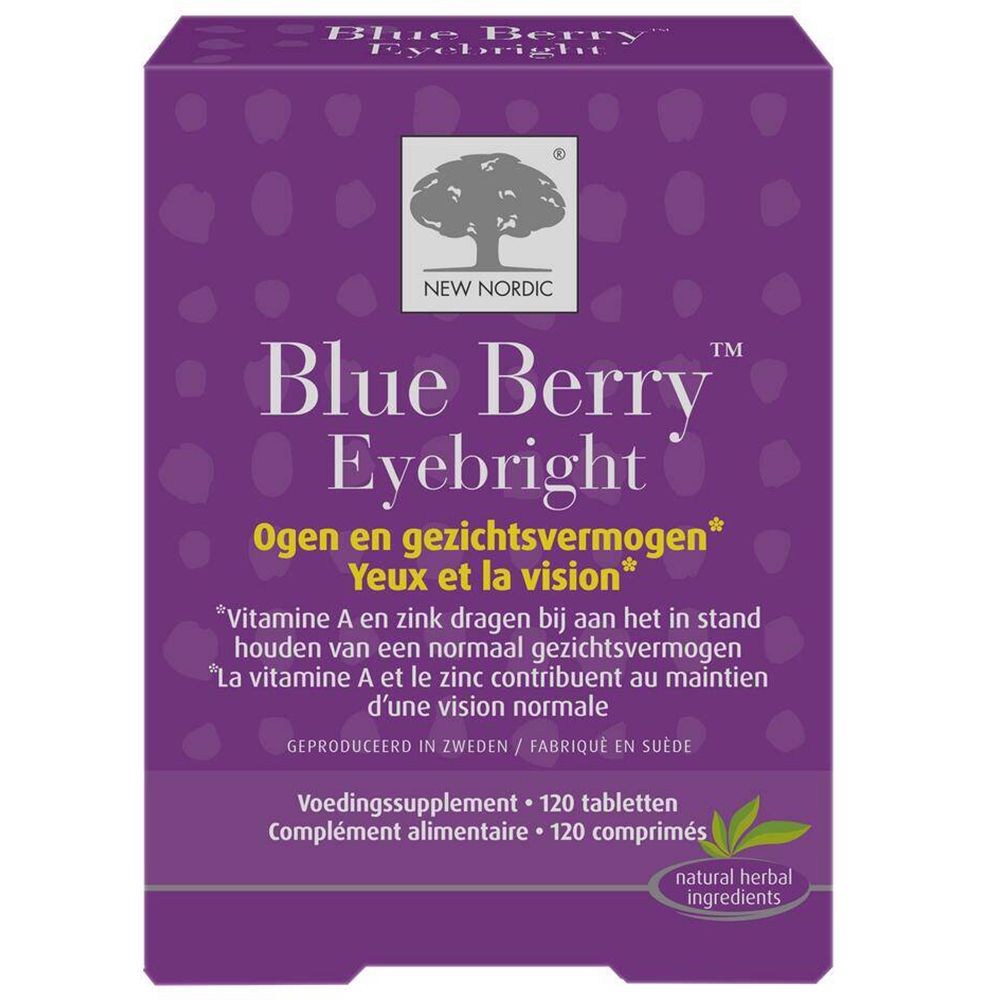 Emballage du produit avec texte. Contient 120 comprimés. Contient de l'extrait de myrtille. Fond violet.