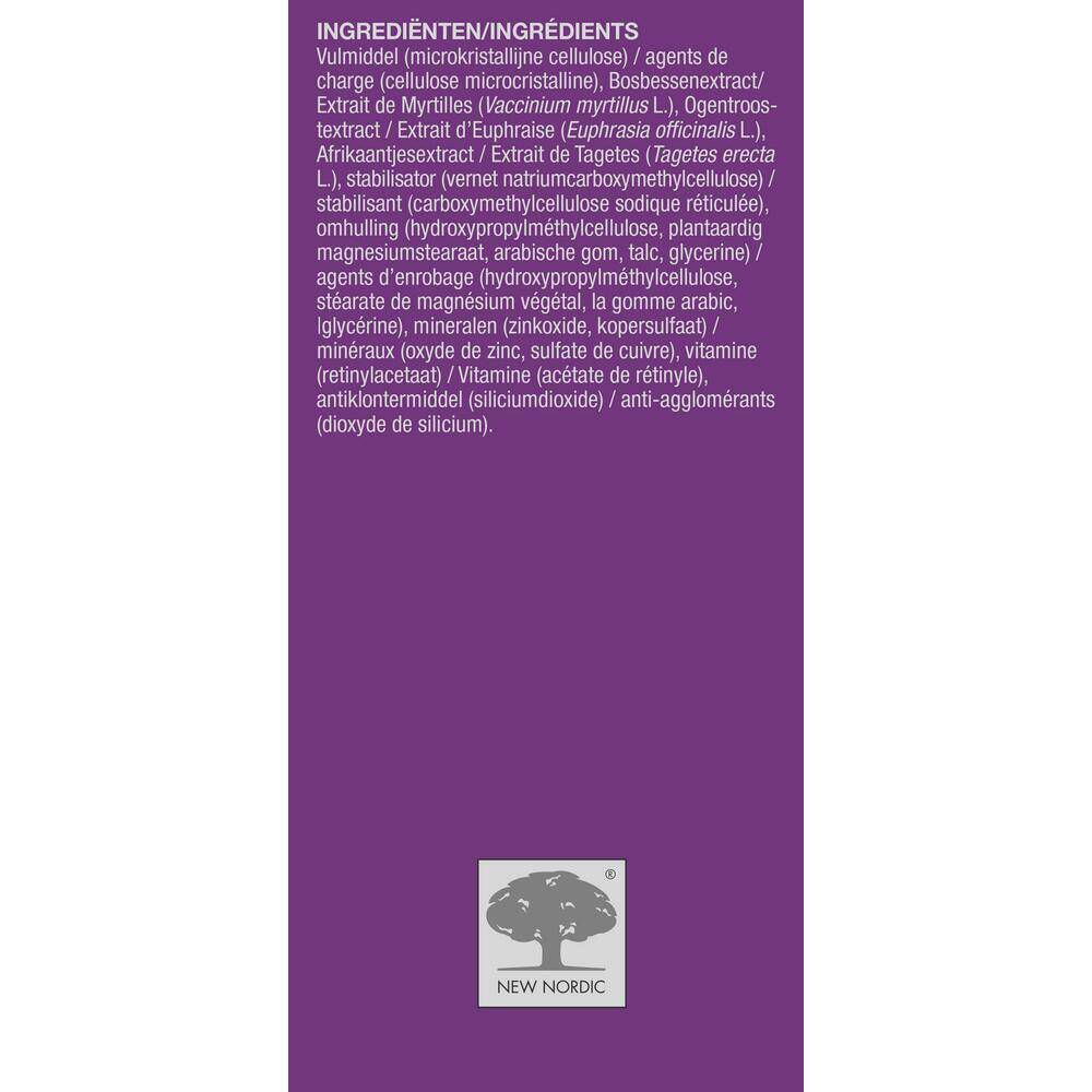 Emballage du produit avec texte. Contient 120 comprimés. Contient de l'extrait de myrtille. Fond violet.
