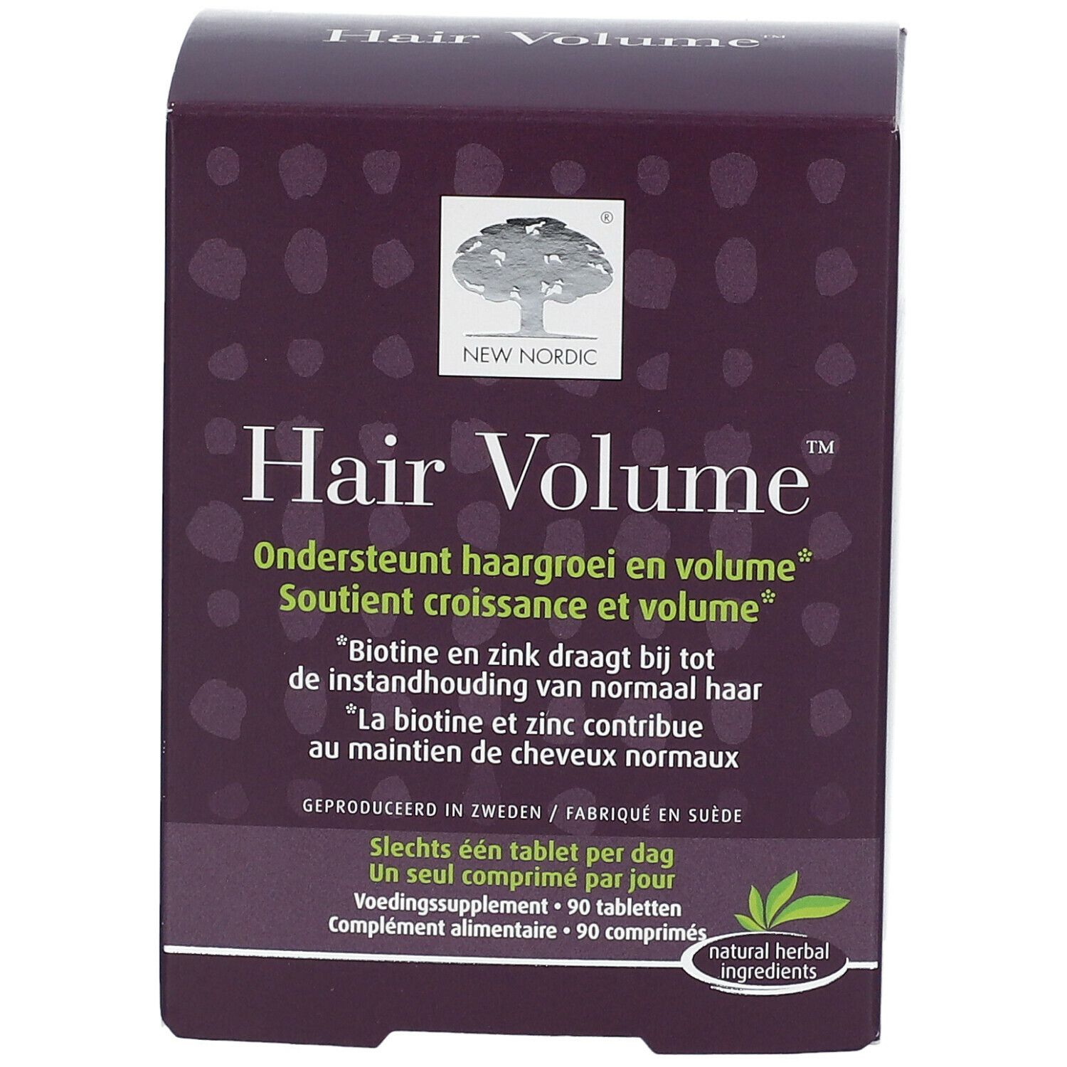Dunkelviolette Schachtel mit "Hair Volume"-Schriftzug. Marke: New Nordic. Enthält 90 Tabletten. Natürliche Inhaltsstoffe.