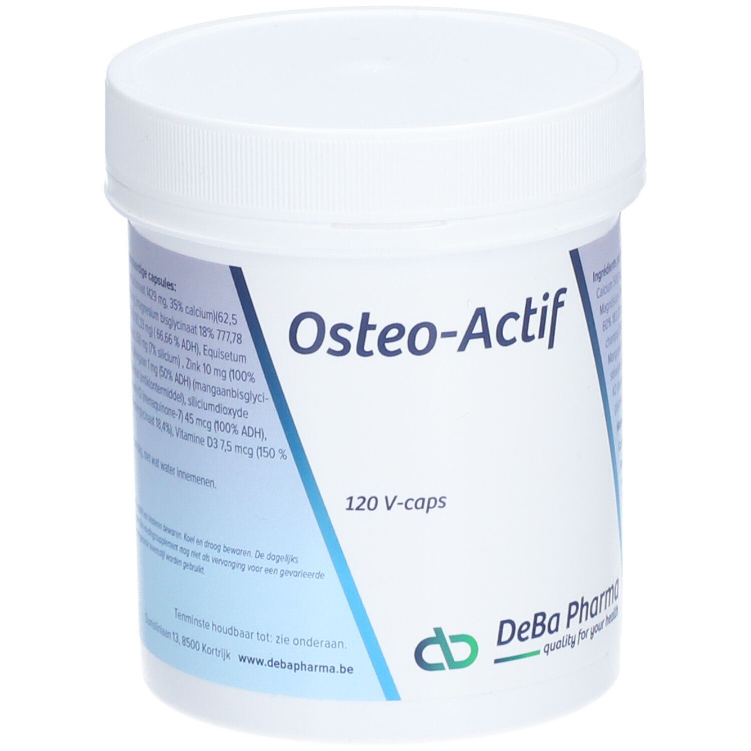 Pot blanc avec couvercle. Inscription "Osteo-Actif" et "120 V-caps". Logo DeBa Pharma.