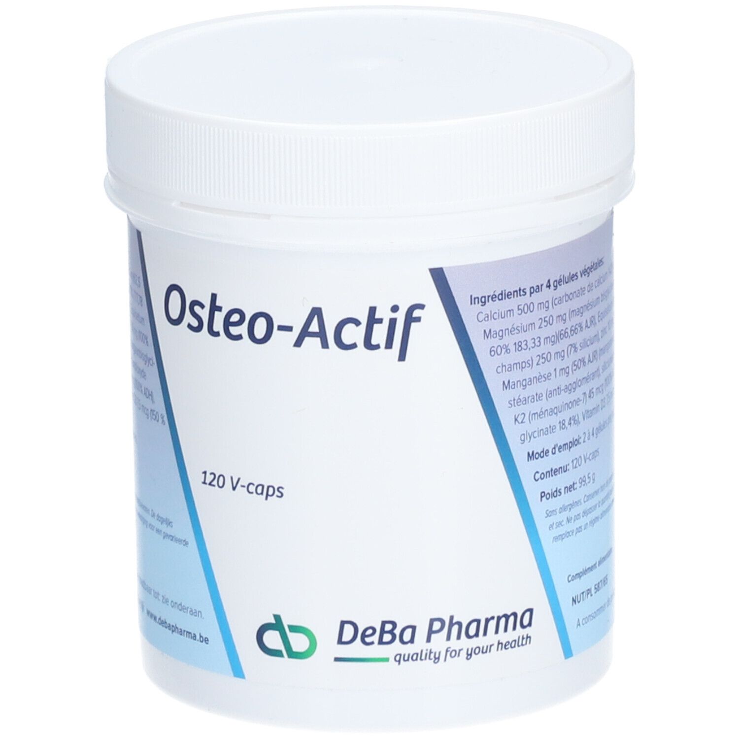 Pot blanc avec couvercle. Inscription "Osteo-Actif" et "120 V-caps". Logo DeBa Pharma.
