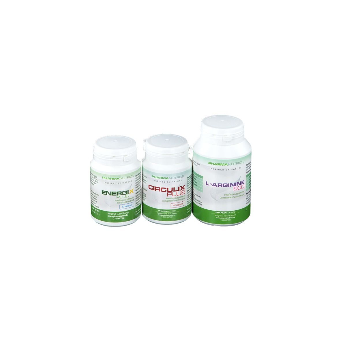 Trois flacons de pilules blancs avec des étiquettes vertes et blanches. Les étiquettes indiquent les noms : ENERGI X, CIRCLUX PLUS et L-ARGININE 500.