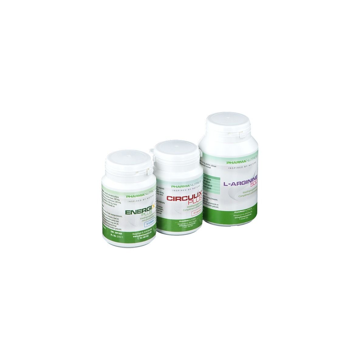 Trois flacons de pilules blancs avec des étiquettes vertes et blanches. Les étiquettes indiquent les noms : ENERGI X, CIRCLUX PLUS et L-ARGININE 500.