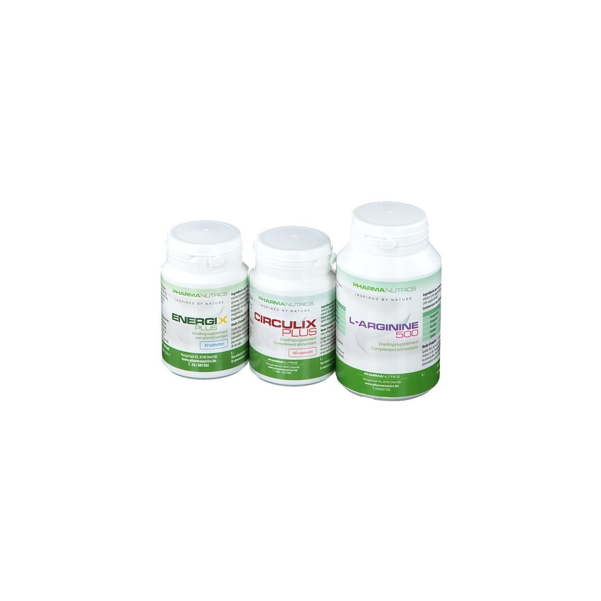 Trois flacons de pilules blancs avec des étiquettes vertes et blanches. Les étiquettes indiquent les noms : ENERGI X, CIRCLUX PLUS et L-ARGININE 500.
