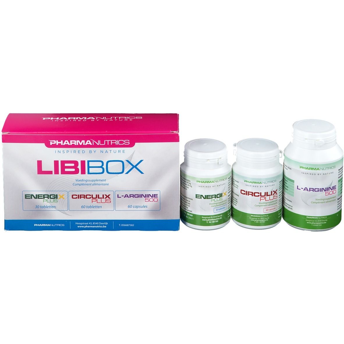 Une boîte rose avec trois flacons de pilules blancs. La boîte indique LIBIBOX et PHARMANUTRICS.