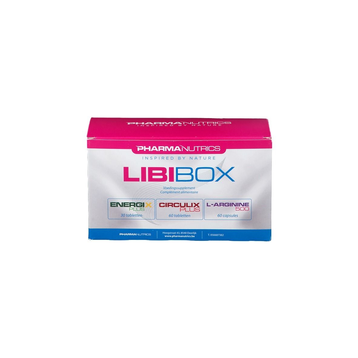 Une boîte rose avec l'inscription LIBIBOX et PHARMANUTRICS.