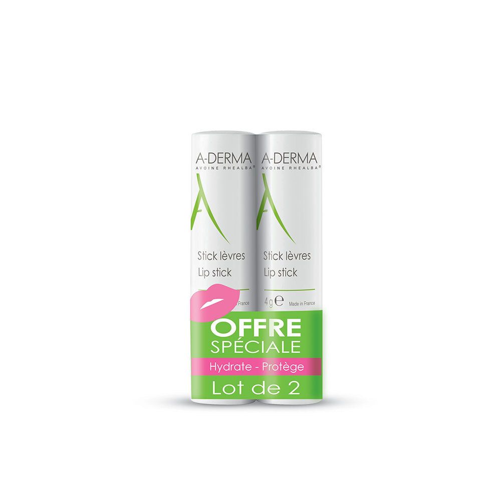 Due stick labbra A-DERMA. Confezione bianca con dettagli verdi e rosa. Scritte: Stick lèvres, Lip stick. Scritta « OFFRE SPÉCIALE » e « Lot de 2 ».