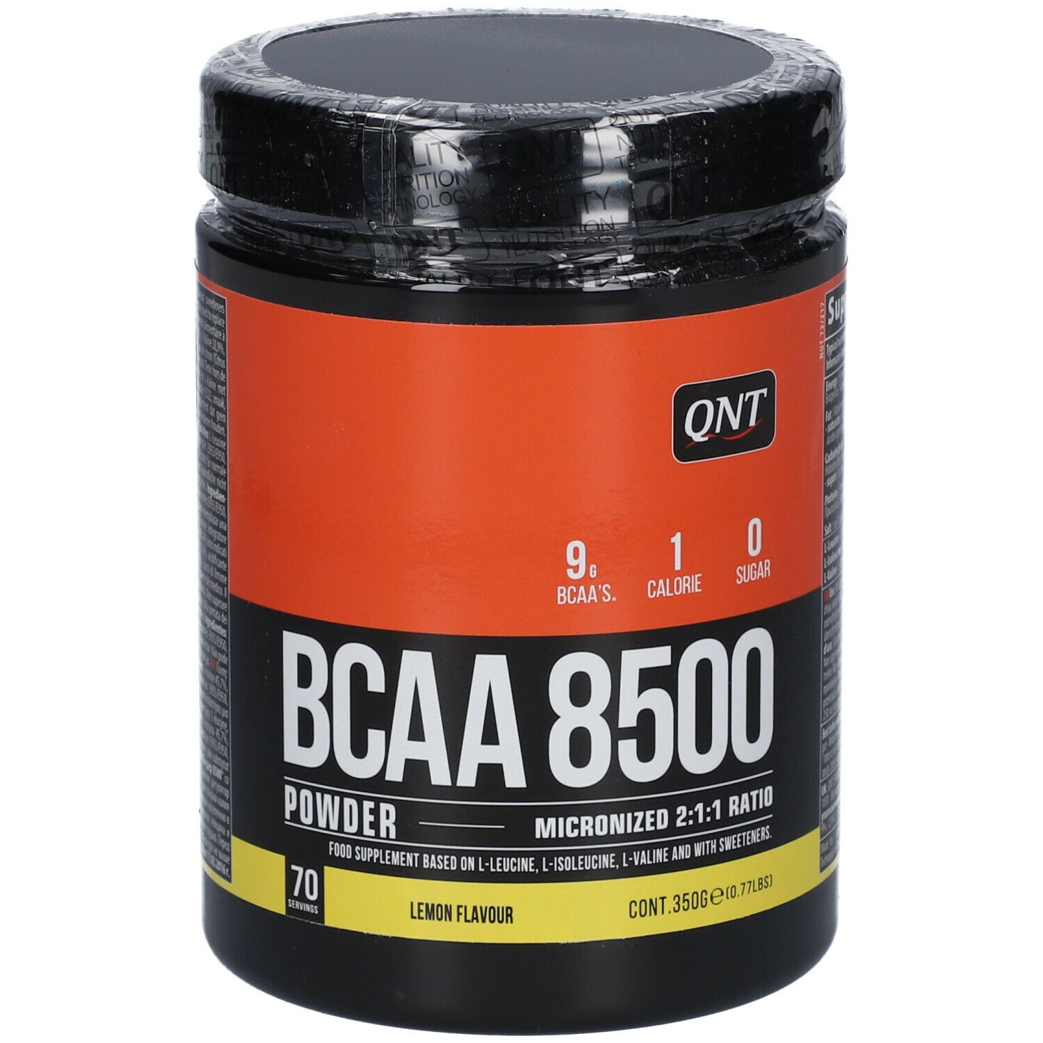 Boîte noire de QNT BCAA 8500 Pulver Zitrone. Fond orange. Contient 70 portions. Inscription : 9g BCAA, 1 calorie, 0 sucre.