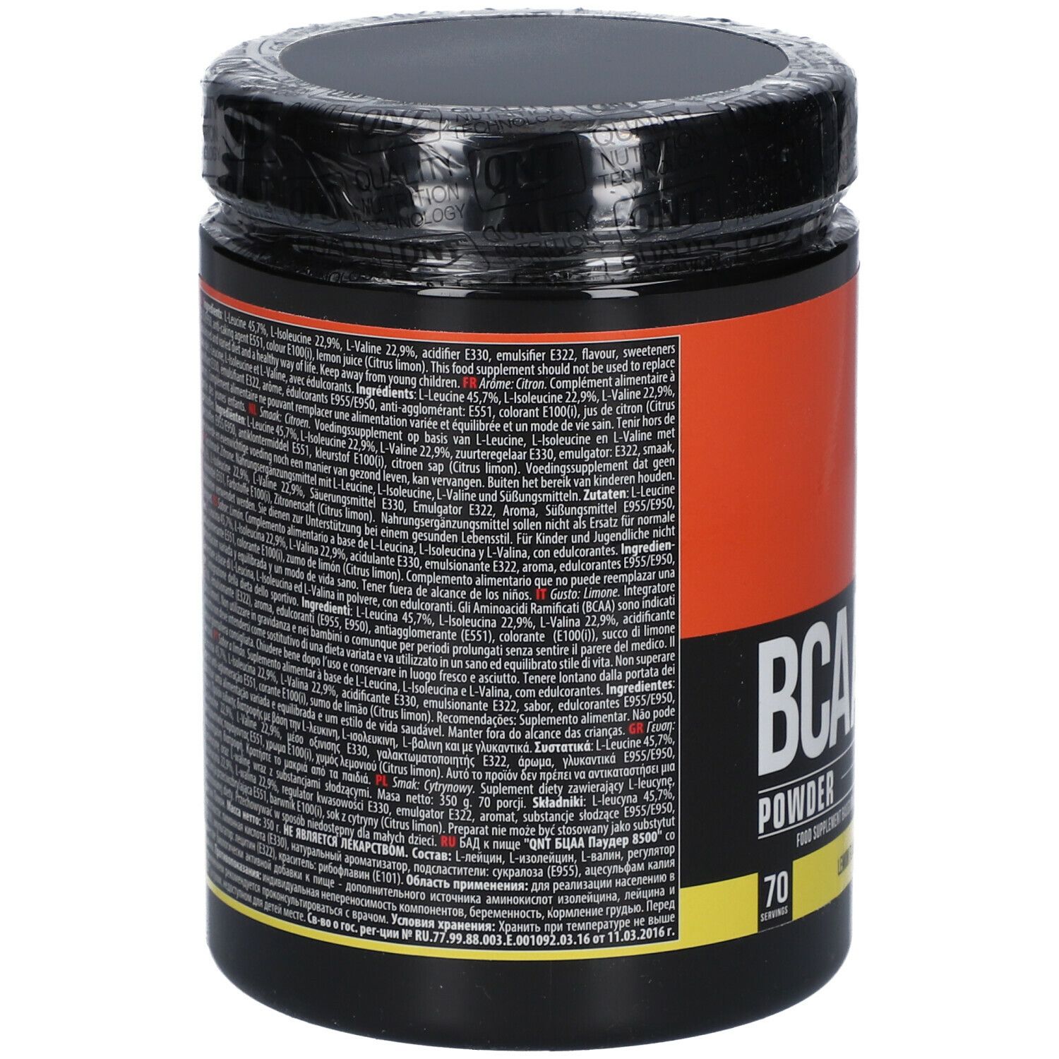 Dos de la boîte noire QNT BCAA 8500 Pulver Zitrone. Texte multilingue. Fond orange.