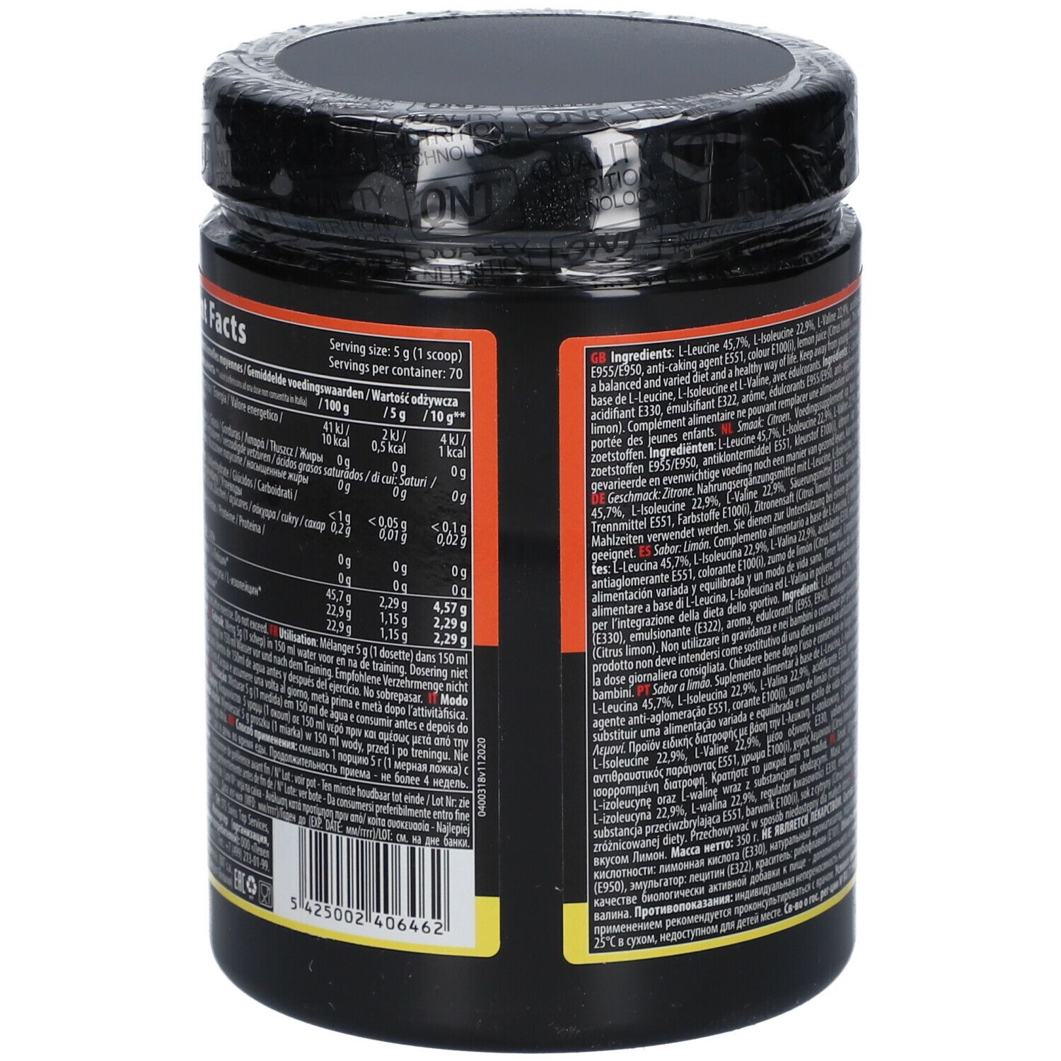 Dos de la boîte noire QNT BCAA 8500 Pulver Zitrone. Informations nutritionnelles et liste des ingrédients. Texte multilingue.
